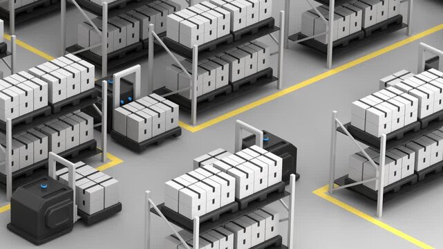 Animation of many autonomous forklifts moving between warehouse shelves and passing each other.