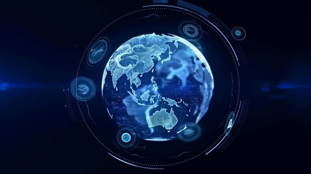 Rotating digital globe with futuristic interface elements in dynamic movement