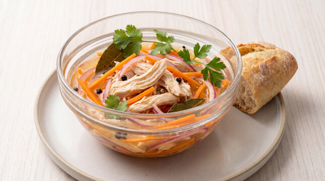 Traditional escabeche seafood dish in glass bowl with carrots and herbs on white plate