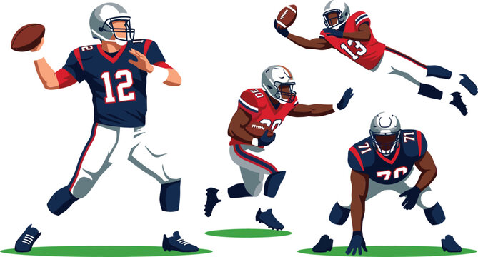American football players set vector illustration with quarterback throwing ball running back receiver catching and lineman in stance