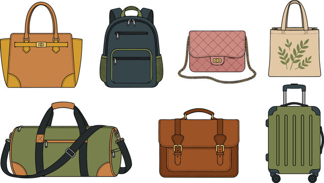 Bags and luggage flat vector illustration set featuring handbag backpack crossbody purse tote duffel briefcase and rolling suitcase templates