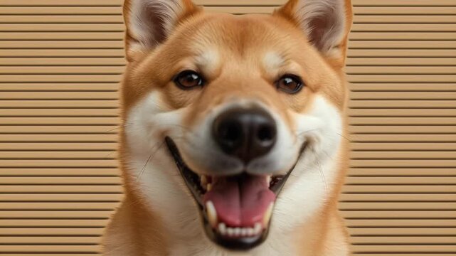 Smiling shiba dog portrait pet canine with joyful smile warm striped and textured backgrounds