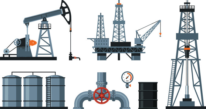 Oil industry vector illustration set featuring petroleum pump jack offshore drilling rig storage tanks pipeline valve and crude barrel