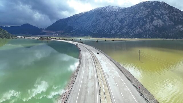 Scenic drone perspective of a giant temporary lake over the flooded Eynif Plain fields
