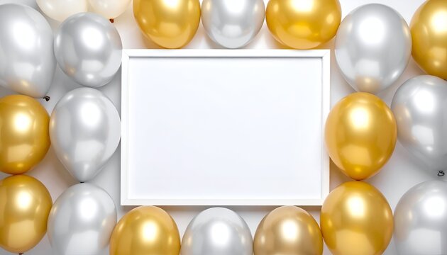 Festive scene featuring a blank frame surrounded by gold & silver balloons