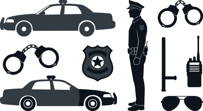 Police law enforcement silhouette vector illustration set featuring patrol car officer badge handcuffs baton radio and aviator sunglasses
