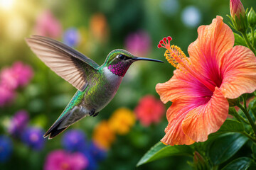 Obraz premium Hummingbird hovering to feed on hibiscus in garden