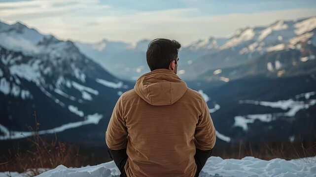 Man wearing brown jacket sitting snowy mountain ridge overlooking alpine valley sunrise