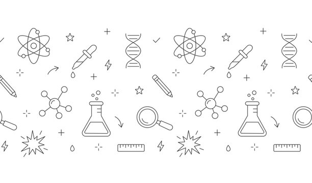 Elementary kids school STEM chemistry and science laboratory horizontal seamless border line art