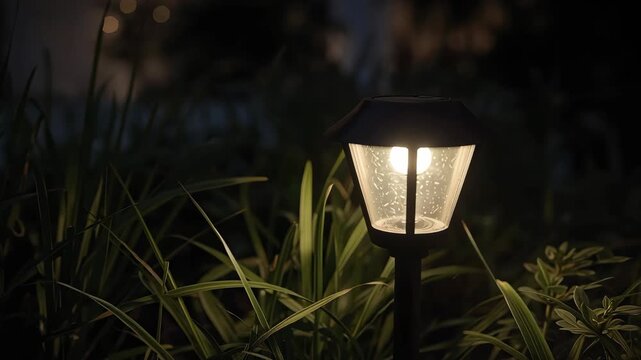 Garden pathway lantern glowing among ornamental grass at night warm peaceful ambience