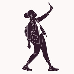 Naklejka premium Young woman taking selfie portrait with smartphone while traveling carrying backpack concept smartphone backpack