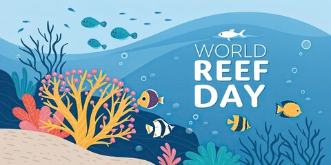 Fototapeta premium Colorful coral reef with tropical fish underwater ocean scene World Reef Day banner