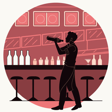 Bartender silhouette standing at a bar counter serving drinks in a modern cafe setting with bartender, cocktail