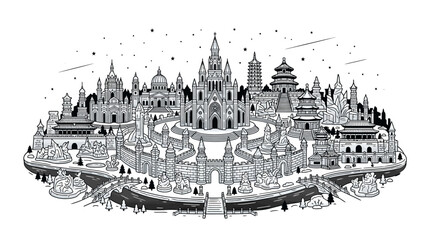 Intricate black and white line art illustration of a fantasy world city. © Alya