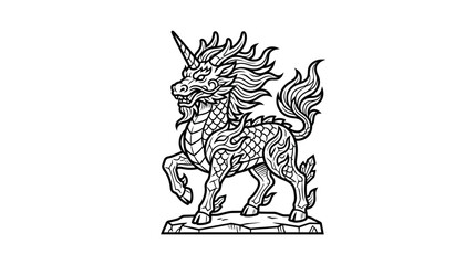 Intricate black and white line art illustration of a mythical Qilin creature. © Alya