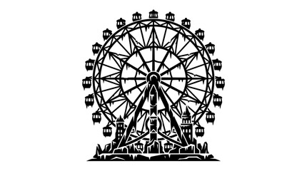 Detailed black and white illustration of a vintage ferris wheel at an amusement park. © Alya