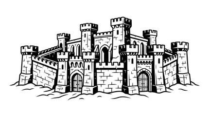 Detailed black and white line art illustration of a medieval stone castle fortress. © Alya