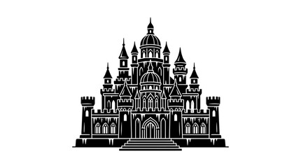 Detailed black and white silhouette illustration of a grand fairytale castle. © Alya