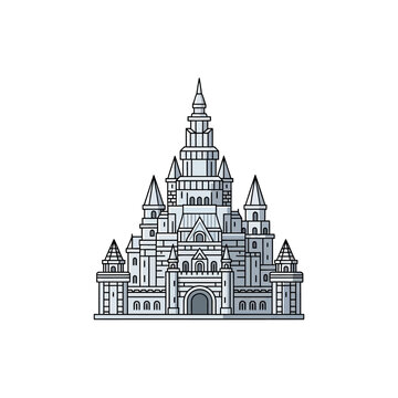 A detailed line art illustration of a majestic medieval castle with multiple towers and spires.