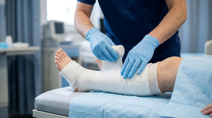 Naklejka premium Doctor Applying Gauze Bandage on Patient Injured Leg in Clinic. Surgeon in Blue Gloves Wrapping Broken Foot for Fracture or Trauma Rehabilitation, First Aid Medical Care.