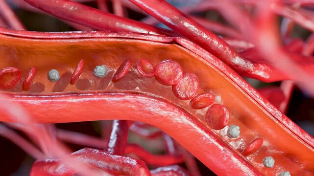 Blood Flow in Human Capillaries and Microcirculation, Red and White Blood Cells Moving Through a Vessel,  Erythrocytes and Leukocytes Moving Through Microvasculature, 3d render