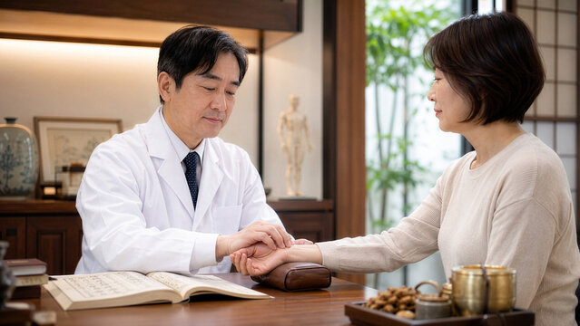 Japanese Traditional Medicine Doctor Performing Pulse Diagnosis on Female Patient in Kampo Medicine Consultation Room