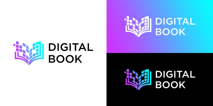 Modern Gradient Digital Book Logo Concept with Pixelated Pages for E-Learning, Education Technology, and Online Library
