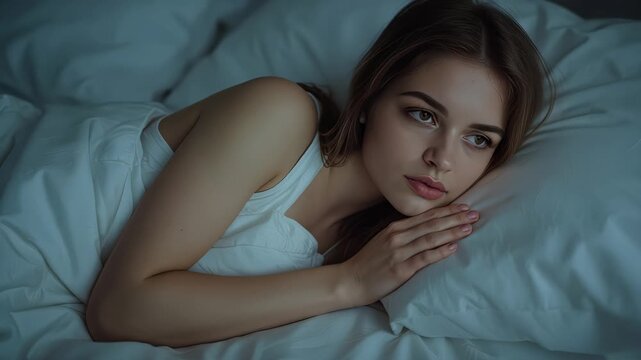 Young female lying on pillow in bed with soft white bedding and contemplative sleepy expression