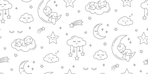 Obraz premium Sleeping Baby Moon Cloud Stars Seamless Pattern Line Art