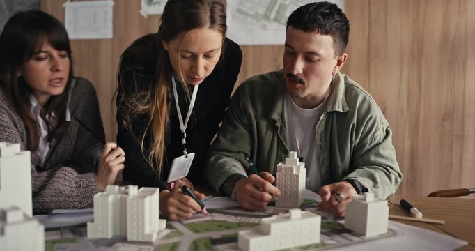 Team discussing an architectural model in an office
