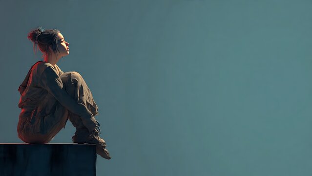 Thoughtful young woman sitting on a ledge with legs curled up, profile view against a dark turquoise background with wide copy space.
