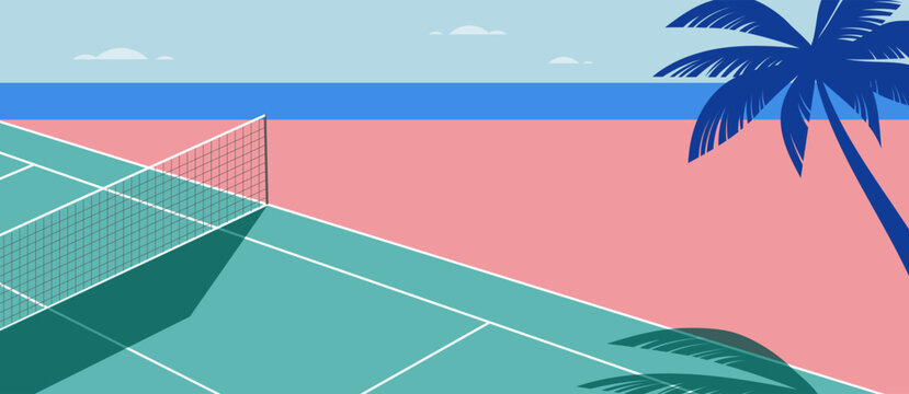 Tropical tennis court by the ocean with palm tree. Abstract retro lifestyle and sport background. Vintage summer holiday vector illustration