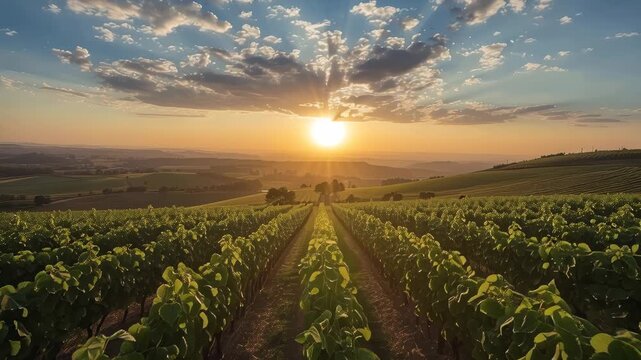 Vineyard rows golden sunlight over rolling hills at sunrise sunset with cloud rays