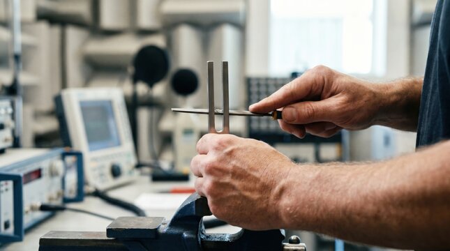 Technician filing a metal tuning fork clamped in a bench vise for calibration