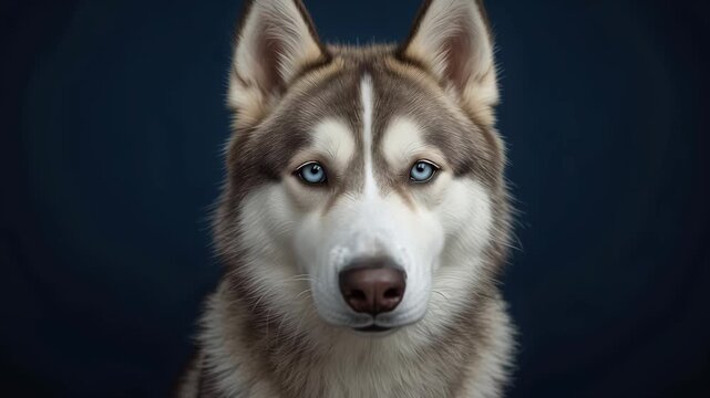 Siberian husky portrait with blue eye fur, majestic dog portrait canine with soft fur and calm