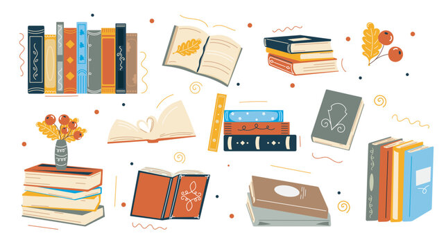 A cozy autumn-themed vector illustration featuring stacks of colorful books, open pages, and decorative elements such as leaves, berries, and vases.