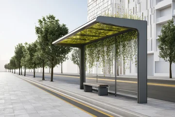 Green bus shelter with climbing plants and rooftop vegetation in a modern city street, representing sustainable urban design, heat reduction and climate resilient public transport infrastructure © Ekaterina Pokrovsky