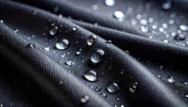 Closeup black fabric with water drops, macro texture, glossy waterproof surface. Modern textile, technical material, fashion, outdoor clothing, hydrophobic, sleek design, fresh detail