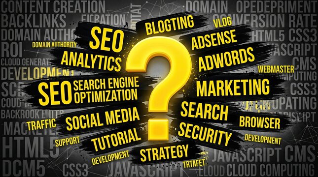 SEO and Digital Marketing Brainstorm: A visually dynamic graphic with a large yellow question mark at its center, surrounded by a word cloud of terms related to search engine optimization.