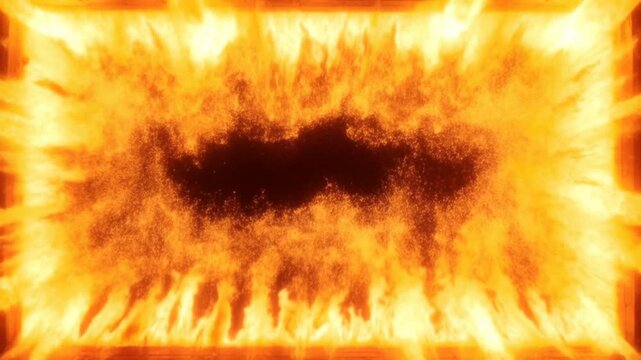 Time lapse of fire and flames consuming rectangular frame and border with embers sparks and smoke in dark studio interior close up