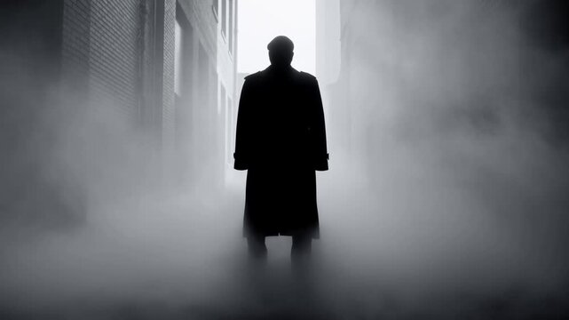 Tracking shot of silhouetted man standing in foggy brick alley emerging from backlight with slow dolly approach in urban noir setting
