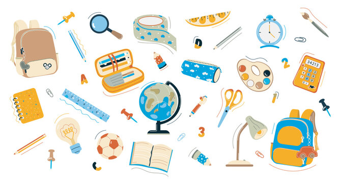 A cheerful back‑to‑school vector illustration featuring a colorful collection of educational supplies and classroom objects.