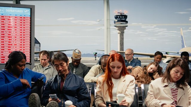 Waiting for plane arrival, flight delay and multiethnic tourists in airport use devices, Flying to destination, mobile phones and passengers passing time during cancelled flights disruption, camera A.
