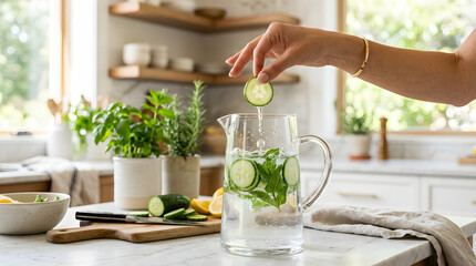 Fototapeta premium Hand Adding Cucumber Slices to Infused Water in Pitcher