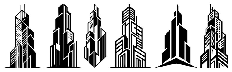 Obraz premium Skyscraper icons set and modern building silhouettes, architectural urban skyline symbols vector