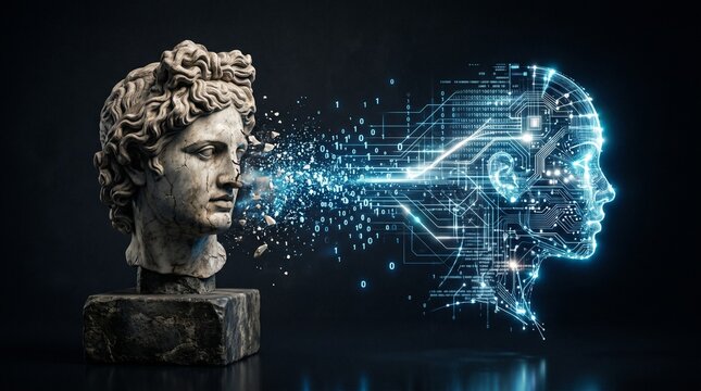 "Conceptual fine art series exploring the intersection of classical antiquity and digital evolution. Marble statues transitioning into futuristic neural networks, glowing data structures, and binary c