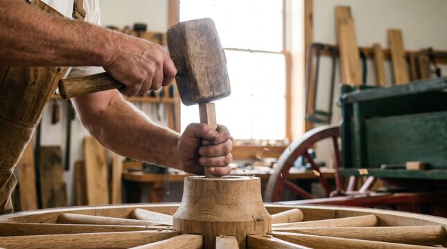 Wheelwright using a heavy wooden mallet to assemble a traditional wagon wheel