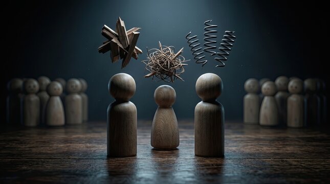 Conflicting Perspectives: Three stylized wooden figures represent different viewpoints or challenges, with abstract objects symbolizing complex issues hovering above them.