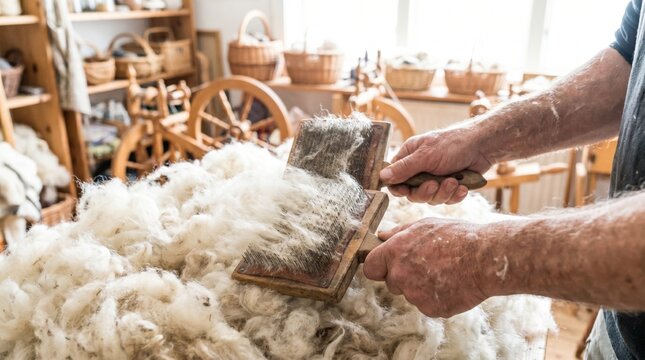 Weaver using traditional wooden hand carders to brush and align raw sheep wool