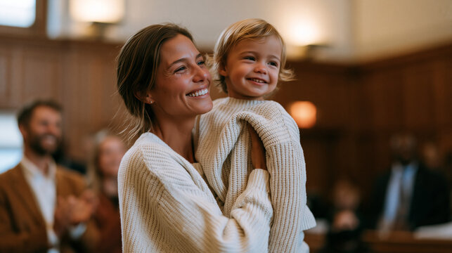 Tearful adoptive mother lifting toddler in family courtroom as adoption finalization judge signs decree, foster care caseworker applauding beside beaming father while bailiff